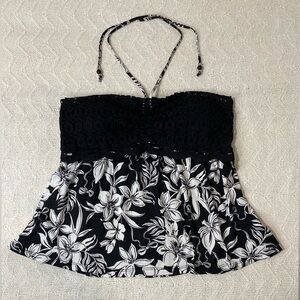 No Boundaries Women Sz XL (16-18)Black White Floral Halter Top Convertible Strap